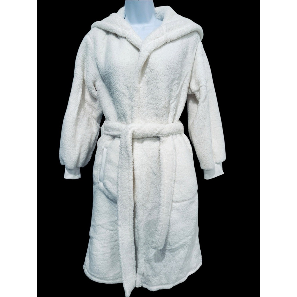 Pottery Barn Coziest Teddy Robe Small Ivory White Hooded Plush Fleece Belted - Picture 2 of 10